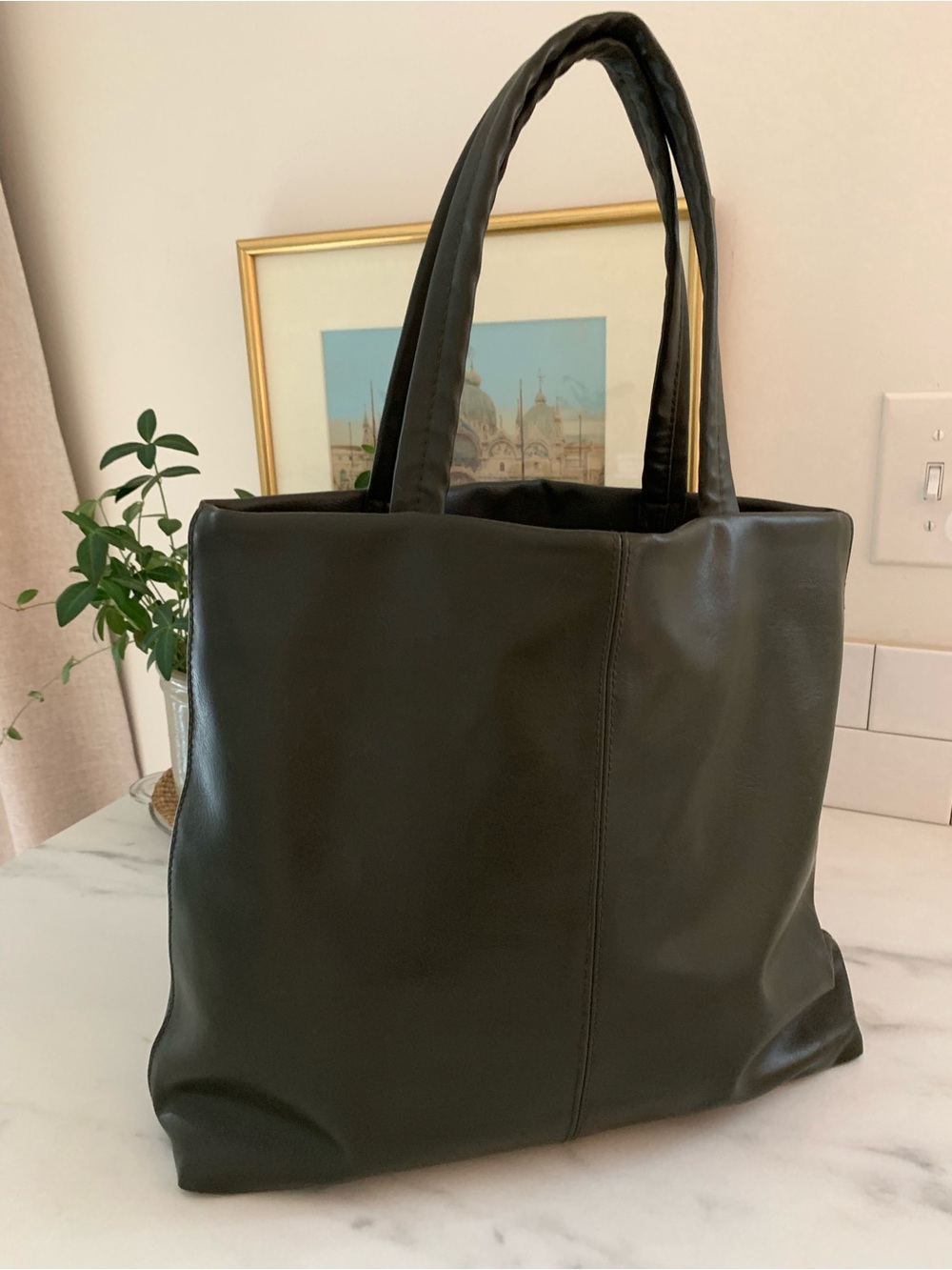 Suzie Smith army green simple Leather Tote Bag
